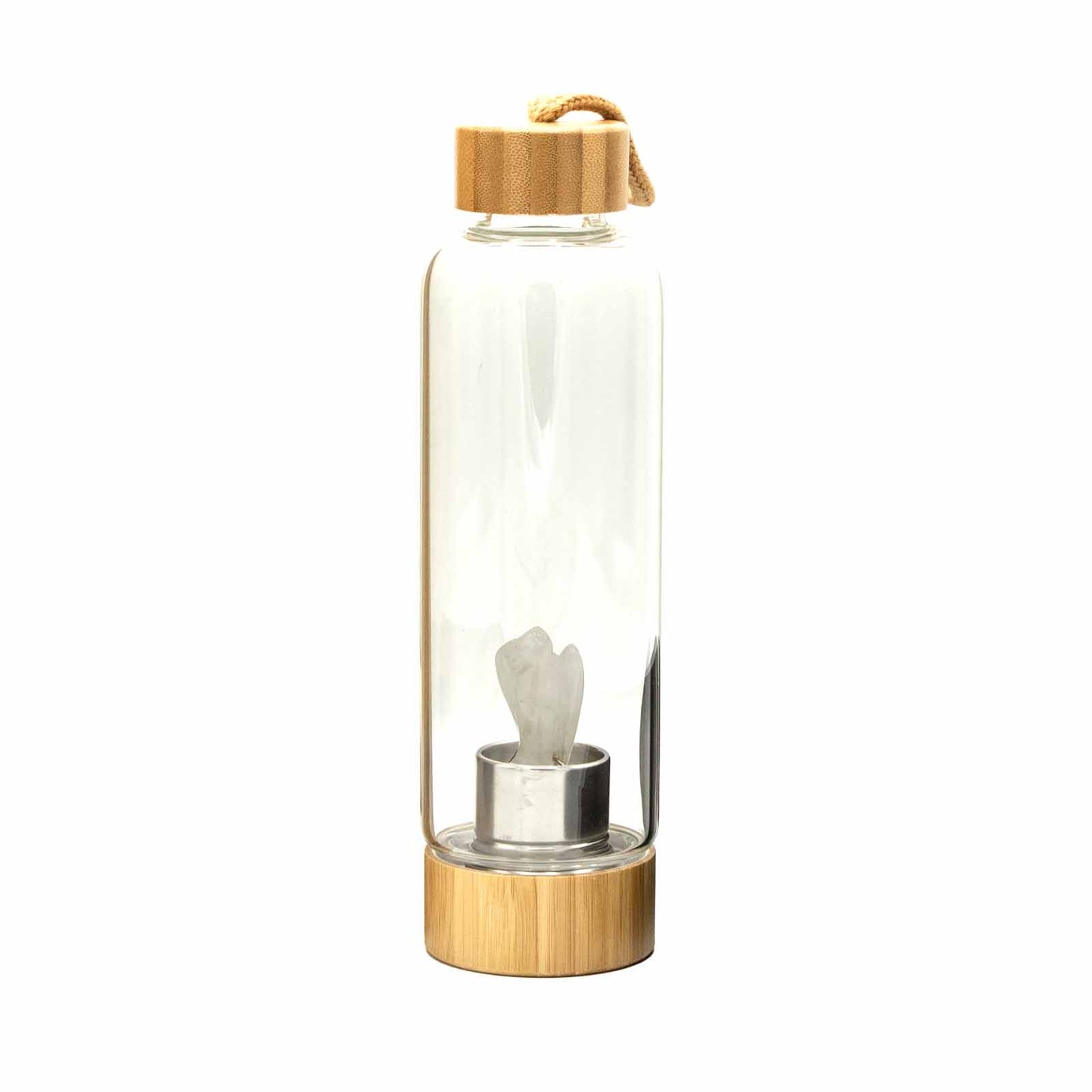 AuraFlow – Crystal Infused Glass Water Bottle (Bamboo Edition)