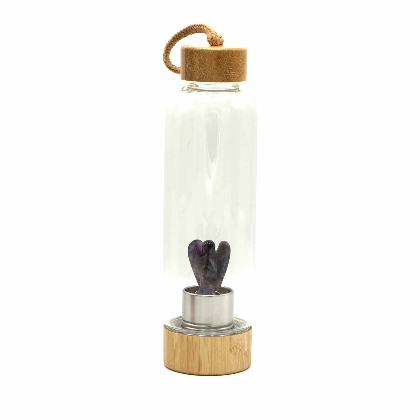 AuraFlow – Crystal Infused Glass Water Bottle (Bamboo Edition)