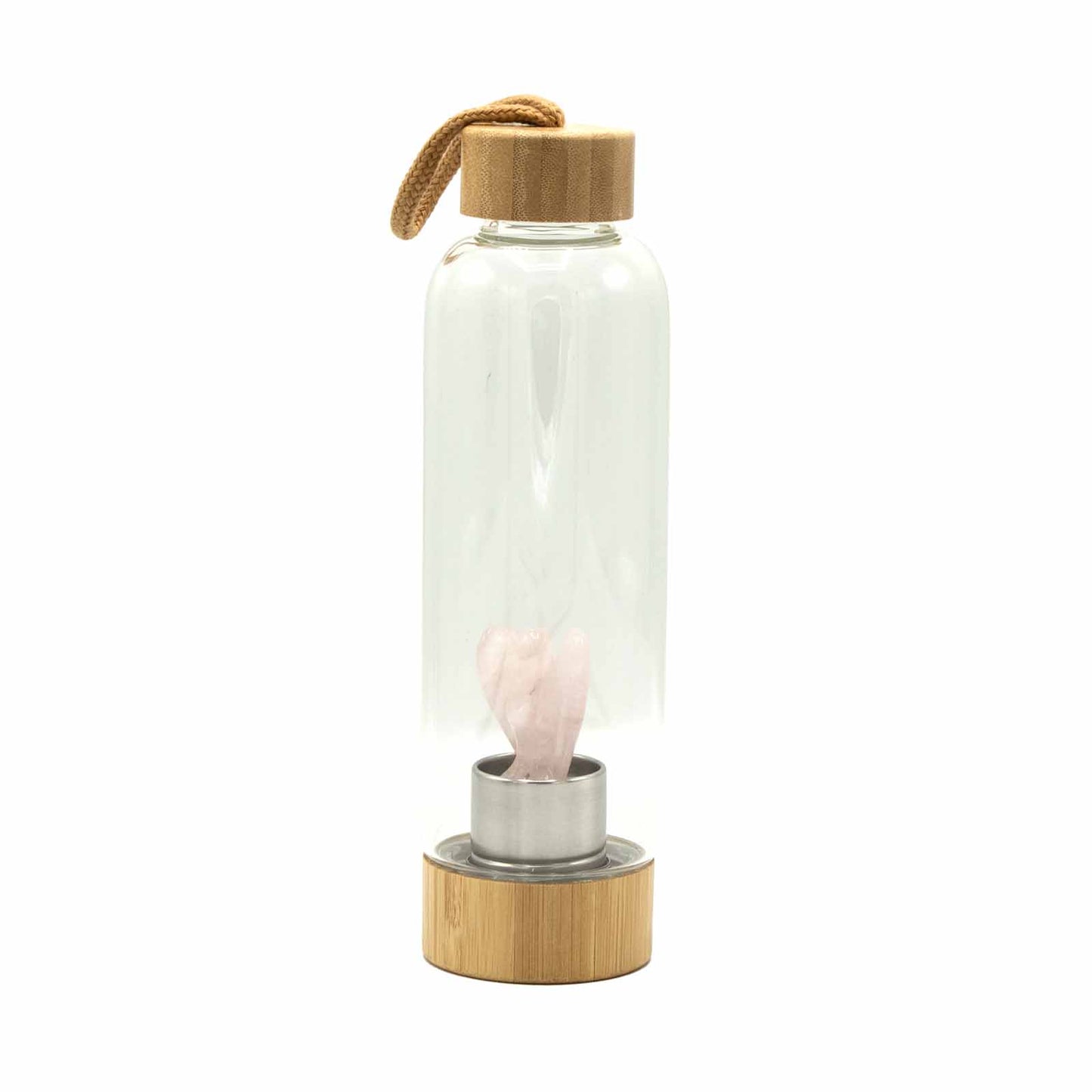 AuraFlow – Crystal Infused Glass Water Bottle (Bamboo Edition)